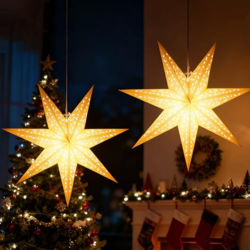 RANJIMA Papiersterne Weihnachten Beleuchtet, 2 Stück 45cm LED Papierstern Beleuchtet zum Aufhängen, 3D Faltstern Weihnachtsstern Fenster Stern Weiß Hängeleuchten Vorhang Lichter Batteriebetrieben