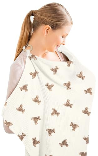 Aolso Breastfeeding Cover Nursing Cover, Muslin Cotton Soft Breathable Nursing Cover, Adjustable Strap Breast Feeding Coverall for Car Seat Blanket and Stroller Coverall (White-Bear)