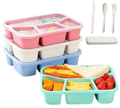 JJYHEHOT 4 Pack Snack Boxes, Bento Lunch Box with Spoon Fork, 4 Compartments Reusable Snack Containers with Transparent Lids for Work Travel ((Green/Blue/Pink/Beige)