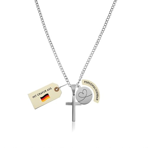 Made by Nami Personalisierte Kreuz Anhänger Kette aus 316L Edelstahl (45+5 cm), Herren Kette mit Buchstaben, Namen, Symbol oder Wunschgravur, Personalisiertes Geschenk für Partner