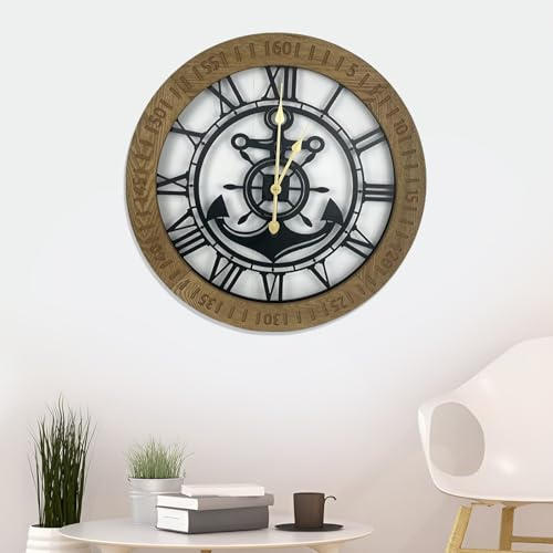 GEXHSRGD 24 Inch Large Wall Clock, Nautical Clock, Rustic Wood & Metal Decorative Clocks, Quiet Quartz Movement, Moisture and Rust Proof, House Decor for Living Room, Bedroom, Office