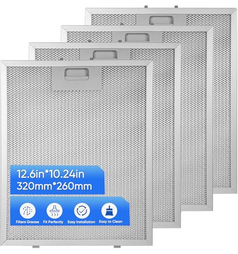 4 Pack Cooker Hood Filter Replacement 260x320mm, 5-Layer Aluminium Mesh, Easy to Install and Washable Kitchen Extractor Fan Vent Metal Grease Filter, 9mm Thick