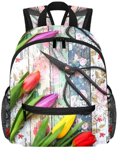 Lightweight Kids Backpack Kindergarten School Bag Child Rucksack Daypack for 3-8 Years Old Retro Tulip Flower Scissors