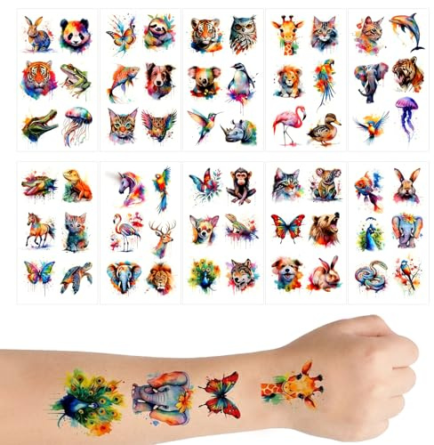 10 Ark Temporära Tatueringar för Barn och Vuxna, Akvarell Djur Gnuggisar, Fake Tattoos för Kropp Arm Axel, Barnkalas Presenter (Stil 1)