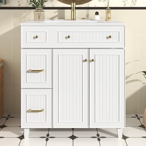 REXO Mobile da bagno con lavandino, 81,7 cm, con lavabo in ceramica, superficie verniciata, contenitore multifunzione e piedini in legno massiccio, design moderno di lusso, bianco