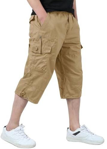 KEFITEVD Men's Shorts 3/4 Length Cargo Shorts Loose Fit Long Short Pants