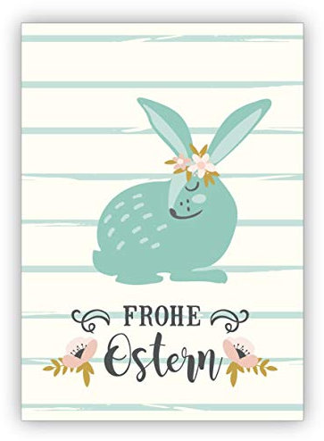 Kartenkaufrausch 16x Süße hellblaue Vintage Osterkarte mit Blumen Osterhase auf Streifen: Frohe Ostern • fröhliches Premium Grußkarten mit Ostermotive mit Umschlägen für Freunde, Familie und Kollegen
