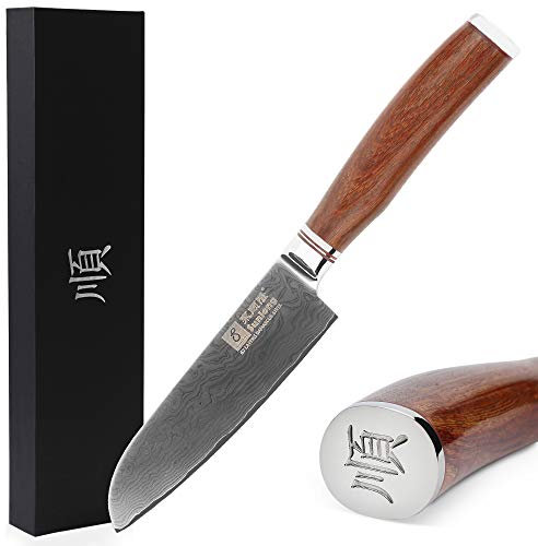 YOUSUNLONG Cuchillo Santoku Cuchillo para cubiertos de 5 pulgadas Japonés 67 capas VG-10 Acero de damasco martillado con mango de palo de rosa