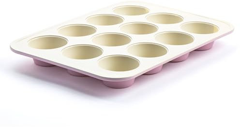 GreenLife Gesunde Antihaftbeschichtung aus Keramik, 12er-Muffinblech, Törtchen, Cupcakes, PFAS-frei, Spülmaschinenfest, Backofenfest bis zu 230°C, Einfache Freigabe, Gefriersicher, Rosa