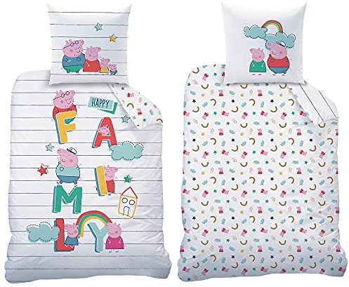 Peppa Wutz Pig Kinder Kinder-Bettwäsche Family Weiß 135 x 200 cm + 80 x 80 cm 100% Baumwolle in Renforcé-Linon-Qualität George Grampy Rabbit Papa Mümmel Mama deutsche Größe mit Reißverschluss