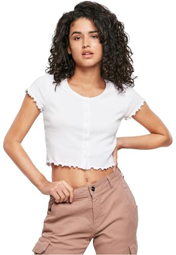Urban Classics T-shirt för kvinnor, kort ribbad topp med knappslå och rullfåll, för kvinnor, cropped button up, finns i många färger, storlekar XS – 5XL, Vit, S