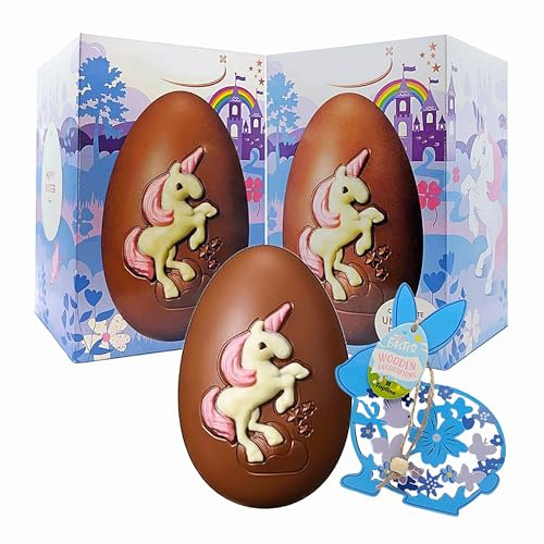 Chocolate Easter Eggs for Easter Gifts - Pack of 2 x 151g Unicorn Milk Chocolate Egg with Topline Wooden Decoration. Great Chocolate Gift for Kids Egg Hunt or Chocolate Hamper
