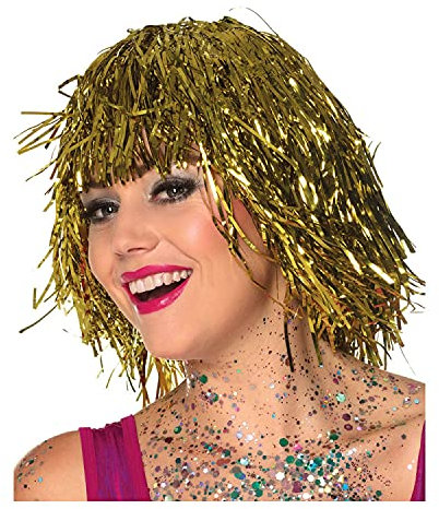 PAPSTAR NEU Perücke Damen Lametta Folie, Disco, Gold - Haarnetz