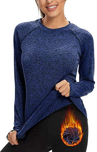 Soneven Funktionsshirt Damen Langarm Laufshirt Sport Shirt Fleece Thermo-Laufshirt Sweatshirts mit Daumenlöche Atmungsaktive Shirt Running Longsleeve Sportoberteile