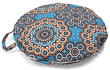 ABAKUHAUS Jahrgang Rundes Bodenkissen mit Griff, Marokkanische Keramik-Fliese, dekoratives Kissen für Wohnzimmer & Schlafsäle, 45 cm, Mehrfarbig