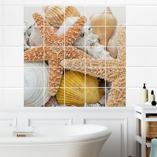GRAZDesign Fliesenaufkleber Bad selbstklebende Fliesen Motiv Muscheln Klebefliesen - 20x25cm / Muscheln mit Seesternen