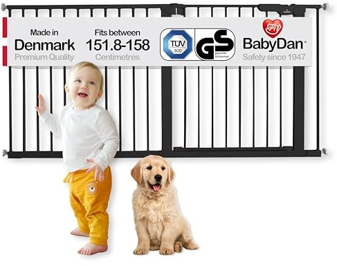 BabyDan Premier, Extra breit Ohne bohren Treppenschutzgitter, 151,8-158 cm, Babygitter/Sicherheitsgitter, Metall, Schwarz, Hergestellt in Dänemark - (Haustiergitter/Hundegitter)
