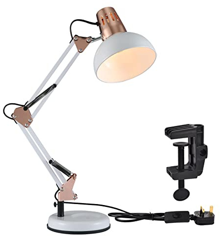 TEKLED Architect Swing Arm Desk Lamp with Base & C-Clamp, Adjustable E27 Table Light for Home Office, Copper White (Bulb Not Included)