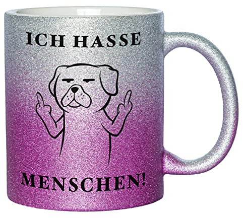 Glitzer Tasse mit Spruch Ich hasse Menschen | Silber-Lila | Hund | 330ml | doppelseitig bedruckt | Für Hundeliebhaber als witzige Geschenkidee zu Weihnachten für beste Freundin oder Kollegin