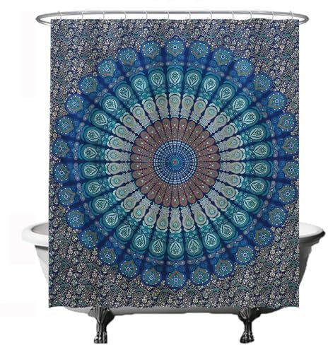 Ulticool - Cortina de Ducha - con diseño de Mandala Azul - 180 x 200 cm - Lavable - Resistente al Agua - Antimoho - con 12 Anillas Blanco - Semi Transparente