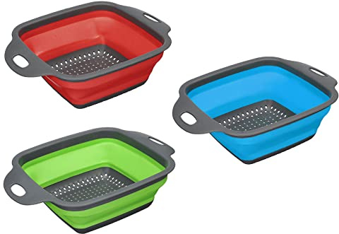 sourcing map Collapsible Colander Set, 3 Pcs Silicone Square Foldable Strainer Space Saving Suitable for Pasta, Vegetables, Fruits - Blue Green Red Small