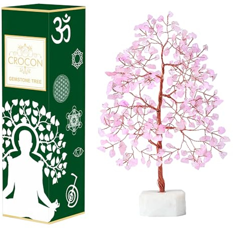Rose Quartz Chakra Tree of Life - Natural Quartz Stone Base, Crystal Tree for Positive Energy - Feng Shui Decor, Handmade Gemstone Money Tree Bonsai - Good Luck Pink Healing Crystals, Spiritual Gift