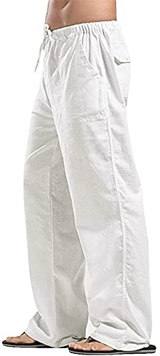 YAOHUOLE Men's Cotton Linen Pants Casual Beach Drawstring Loose Yoga Pants White 2XL