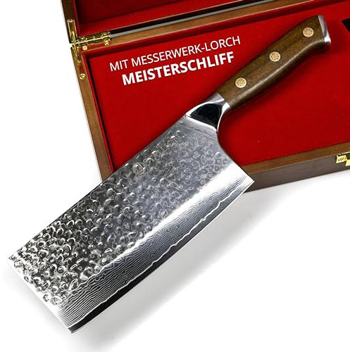 Stallion Chinesisches Kochmesser Damast MEISTERSCHLIFF 17,5 cm - Chinesisches Hackmesser Damast mit edlem Griff aus Ironwood - Profi Küchenmesser aus Damaststahl mit Edler Geschenkbox