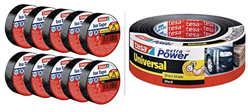 tesa Isolierband im 10er Pack - 10 m - Schwarz & extra Power Universal Gewebeband - Gewebeverstärktes Ductape zum Reparieren, Befestigen, Bündeln, Verstärken oder Abdichten - Schwarz - 50 m x 50 mm