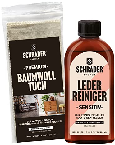 Schrader Leder Reiniger sensitiv Set - Reinigungsmittel für raues & glattes Leder mit Poliertuch - 2-teilig - Made in Germany