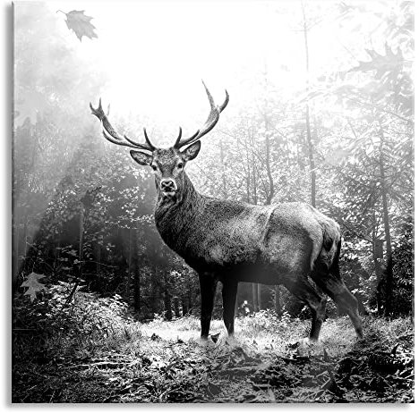 Pixxprint Glasbild, Wandbild auf Echtglas, Hirsch im Wald mit fallenden Blättern, Monochrome, 80x80 cm, inkl. Aufhängung und Abstandshalter