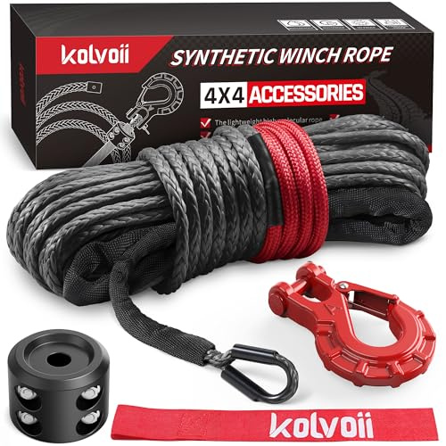 Kolvoii Synthetic Winch Rope Kit, 1/4 x 50ft 9,650lbs Winch Cable with Steel Hook, Winch Line Stopper and Safety Pull Strap for ATV UTV Off-Road Vehicle etc (Grey Rope, Red Hook)