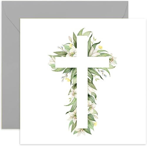 Old English Co. - Tarjeta de felicitación de cruz religiosa para Pascua, diseño de flor de lirio con silueta de cruz, tarjeta de fe religiosa para bautizo, primera comunión, interior en blanco con