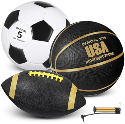 Sratte 3 Pcs Sports Balls Sport Set for Teens Adults Including Official Size Soccer Basketball Football with Pump and Carry Bag Sports Gift Back to School(Black Gold, Black White)