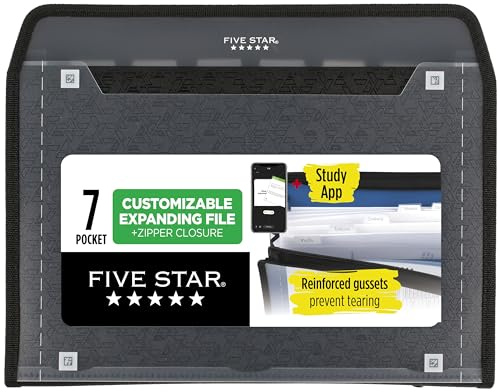 Five Star Expanding File Organizer + Study App, 7-Pocket Accordian File Organizer, Zipper Closure, Holds 8-1/2 x 11 Paper, Black (72709)