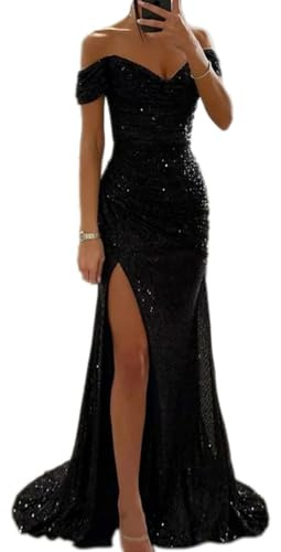 Tomwell Damen Pailletten Abendkleid Sexy Schulterfrei Hohe Taille Seitenschlitz Lang Kleid Maxikleid Elegant V-Ausschnitt Cocktailkleid Ballkleider A Schwarz M