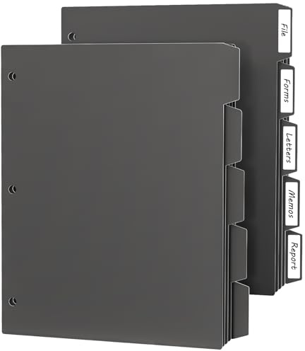 HABGP 3 Ring Binder Dividers with 5 Tabs, 10 Pcs Binder Dividers, 1/5 Cut Letter Size Plastic Black, Sheet Protectors 8.5×11 3 Hole Punched Page Folder Dividers, Three Ring Binder Index Dividers