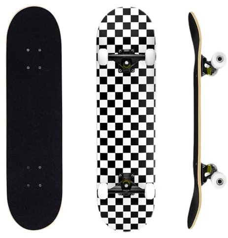 ERNAN Skateboard Completo per Principianti. Skateboard completo professionale da 31 * 8 pollici. Double Kick Deck Concavo con 7 strati per adulto, ragazzi, ragazze. (Black & White)