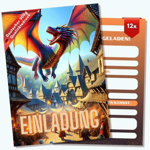 HIDEBLOOM Drache Einladungskarten Kindergeburtstag Junge - 12 Stück - DIN A6 (10,5 cm x 14,8 cm) - Einladung Drachen - Geburtstagseinladungen Jungen - Einladung Drache