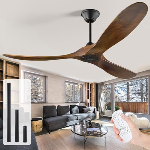 152cm Massivholz-Deckenventilator ohne Licht mit Fernbedienung, Indoor Outdoor Rustikaler Deckenventilator für den Außenbereich mit drei massiven Holzblättern, großes Luftvolumen, geräuschlos