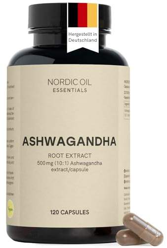 Ashwagandha Kapseln 10:1 | 500 mg Wurzelextrakt (entspricht 5.000 mg Wurzel) | 2,56% Withanolide | 120 Kapseln | Hochkonzentriert & Vegan | Nordic Oil