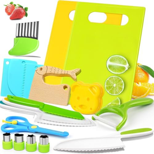 FOREDOO Coltelli da Cucina per Bambini, 18 Pezzi Sicurezza di Coltello da Cucina per Bambini, Completo di Coltello da Taglio, Tagliere e Coltello di Legno per Cucinare e Tagliare Frutta e Verdura
