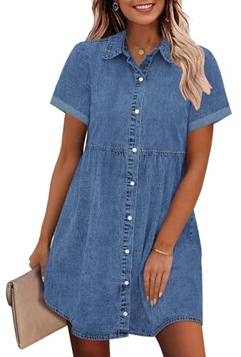 GRAPENT Denim Dress for Women Babydoll Tiered Short Sleeve Button Down Jean Shirt Dresses Medium Blue Loose Fit Fall Fashion Western Country Outfits to Wear with Cowboy Boots Large Size 12 to 14