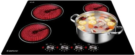 Plaque de cuisson vitrocéramique 60 cm, 4 zones de cuisson, électrique encastrable autonome sans cadre, minuterie, commande par bouton, 8 niveaux, 6000 W, convient à la plupart des casseroles