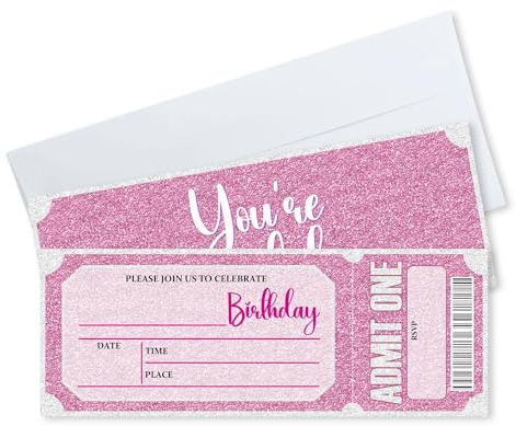 WPBRU Birthday Invitations, 20 Pcs Double Sided Fill In Pink Style VIP Tickets Invites With Envelopes For Girls Teens Birthday, Party Favors And Supplies(3 X 8 In)- A03