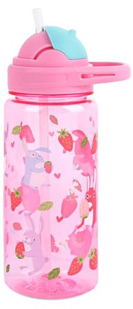 Kids Water Bottle with Flip-Up Straw and Carry Handle for School/Sports/Daycare/Travel, Plastic, Lightweight, Leak-Proof Durable Plastic Drinking Cup for Girls Boys Toddlers 20oz (Bunny Strawberry)
