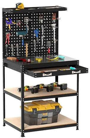 COSTWAY Banco da Lavoro con Piano da 81 x 41 cm, Banco da Lavoro Officina con Pannello Forato e 20 Ganci, Cassetto e 2 Ripiani, Tavolo Lavoro per Garage Capacità 225 kg (Nero, 81 x 41 x 156 cm)