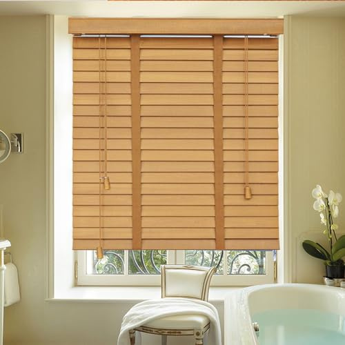 Holz Jalousie for Fenster & Türen 20-160 cm Holzjalousie Verdunkelung 50mm Lamellen Innen- Verdunkelungs Sonnenschutz Jalousien Privatsphäre(Holzfarbe)