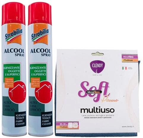 SET: 2x Bomboletta Di ALCOOL SPRAY Igienizzante Oggetti, Superfici e Tessuti. Soluzione Alcolica, Composta Al 70% Da Alcool Etilico Puro 500 ml + Panno SOFT In Microfibra Multiuso. Formato 33x33