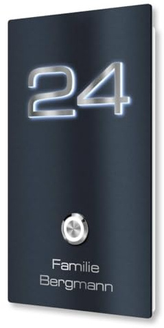 Metzler Hochwertige Türklingel Aufputz Anthrazit mit Namen Gravur 3D Anpassung - rostfreier Edelstahl - geschliffen Korn - LED Hausnummer - wasserfester Led Taster